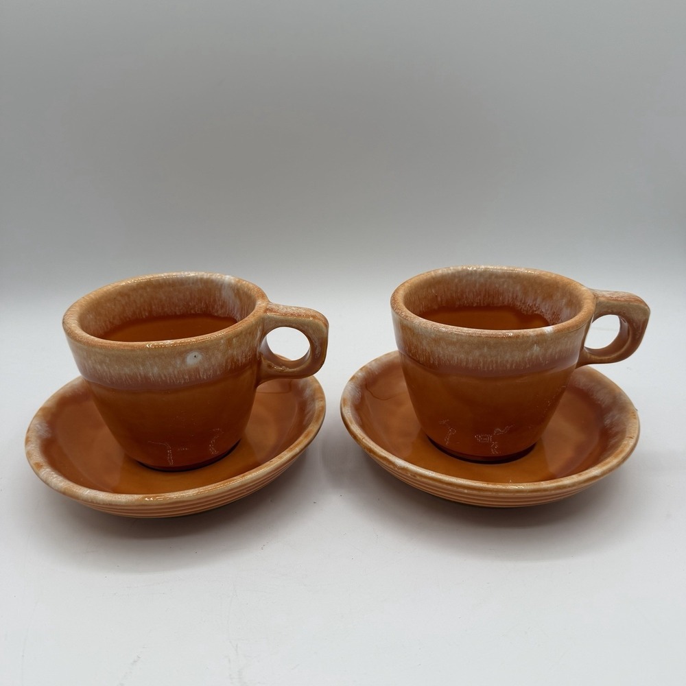 Set of 2 Vintage‎ Hull Drip Glaze Tea Cup & Saucer Tangerine Orange Oven Proof